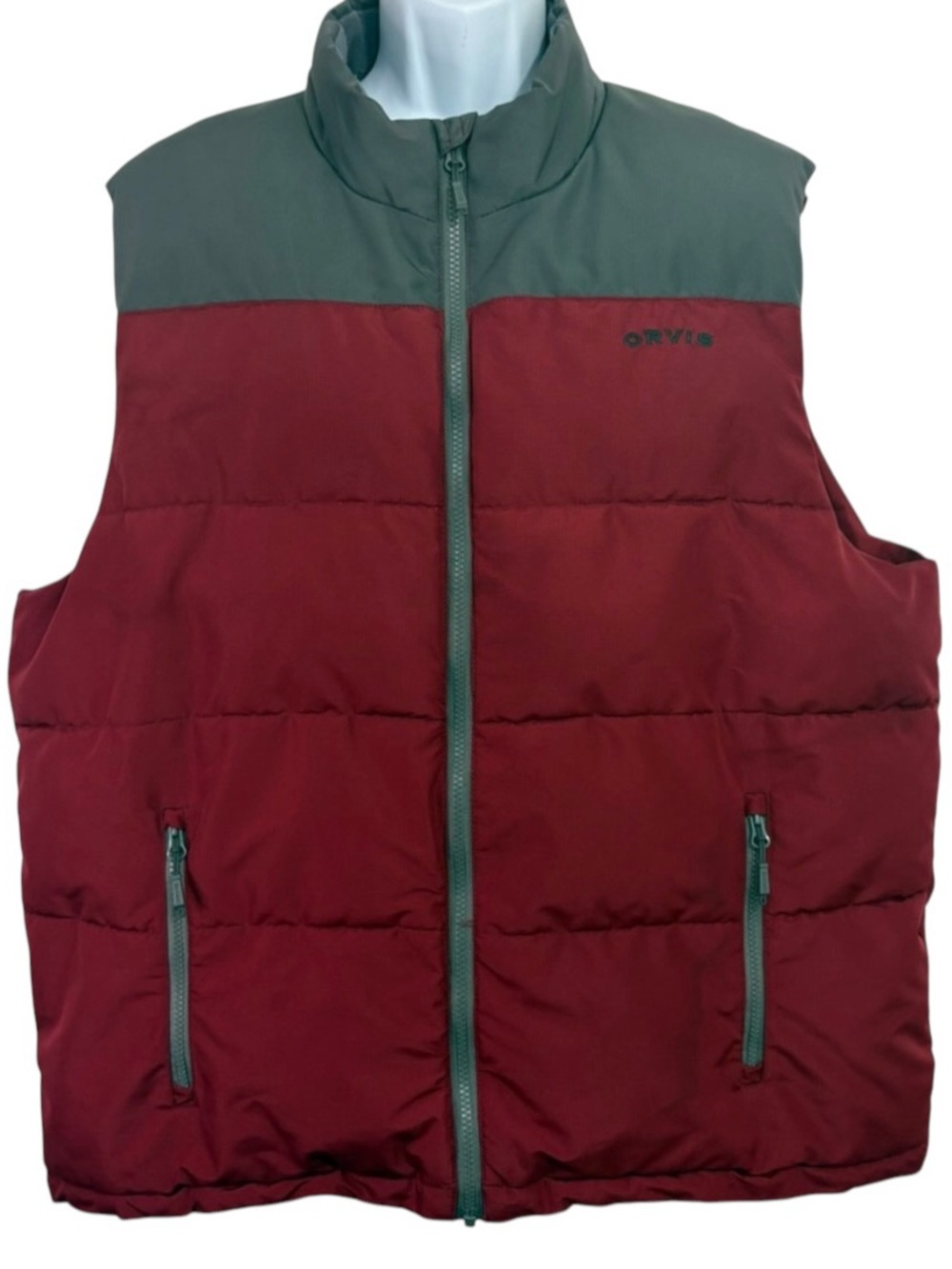 Orvis Men's Red and Grey Full Zip Puffer Vest 2 Front 1 Inside Pocket SzXL